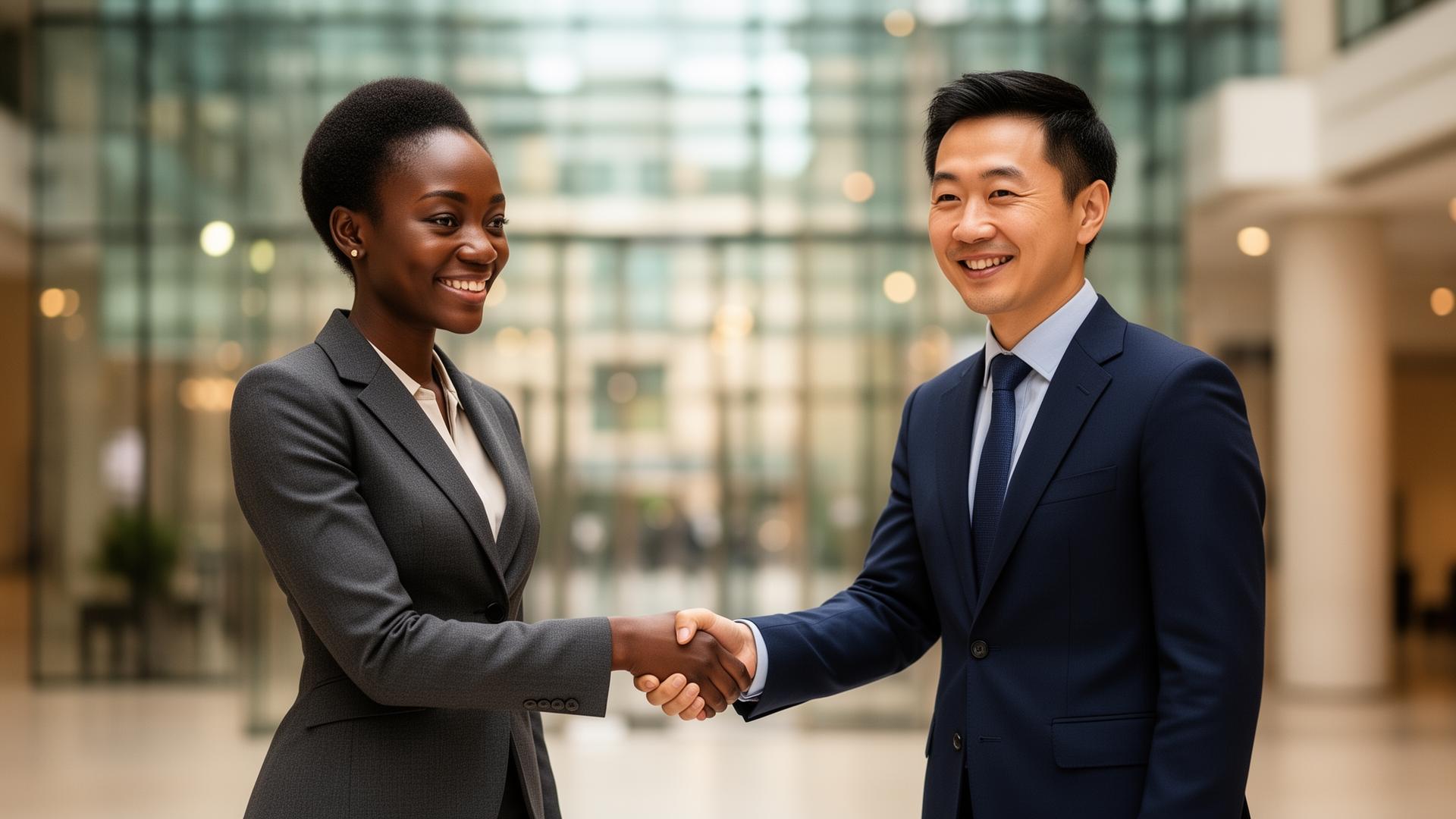 eTranzact UK and partner representatives shaking hands in a London office lobby